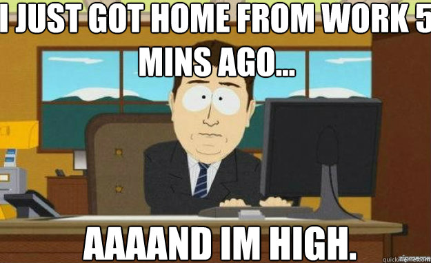 I just got home from work 5 mins ago... AAAAND im high.  aaaand its gone