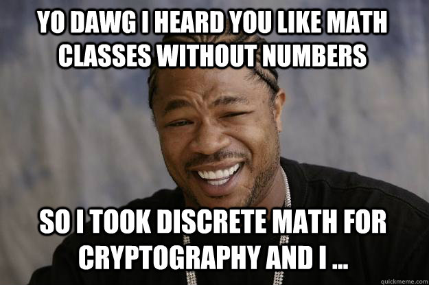 yo dawg i heard you like math classes without numbers so i took discrete math for cryptography and i ... - yo dawg i heard you like math classes without numbers so i took discrete math for cryptography and i ...  Xzibit meme