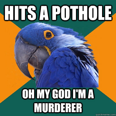 Hits a pothole oh my god i'm a murderer  Paranoid Parrot