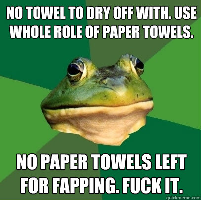 No towel to dry off with. Use whole role of paper towels. No paper towels left for fapping. fuck it.  Foul Bachelor Frog