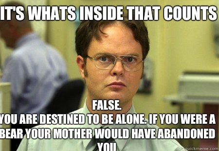 It's whats inside that counts FALSE.  
You are destined to be alone. If you were a bear your mother would have abandoned you  Schrute