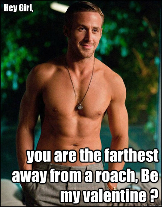 Hey Girl,
 you are the farthest away from a roach, Be my valentine ?   ryangosling