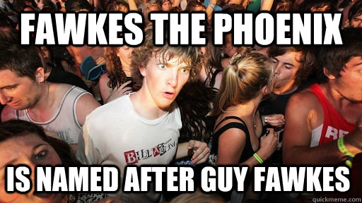 Fawkes the phoenix Is named after guy fawkes  Sudden Clarity Clarence