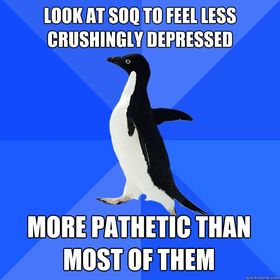 Look at SOQ to feel less crushingly depressed More pathetic than most of them  Socially Awkward Penguin