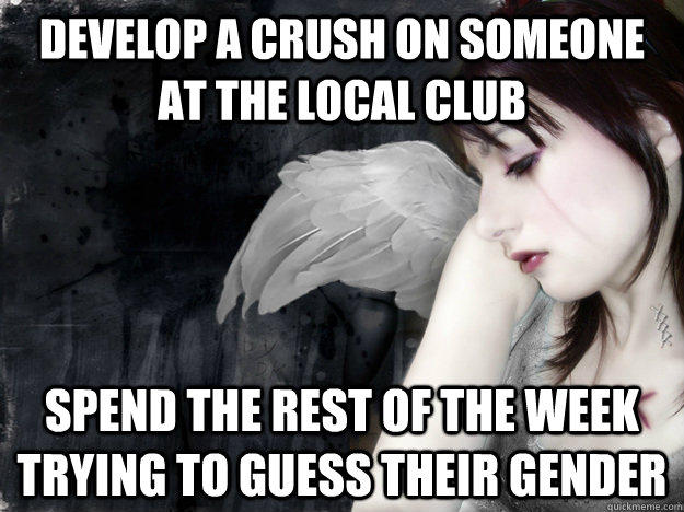 develop a crush on someone  at the local club  spend the rest of the week trying to guess their gender - develop a crush on someone  at the local club  spend the rest of the week trying to guess their gender  First World Goth Problems