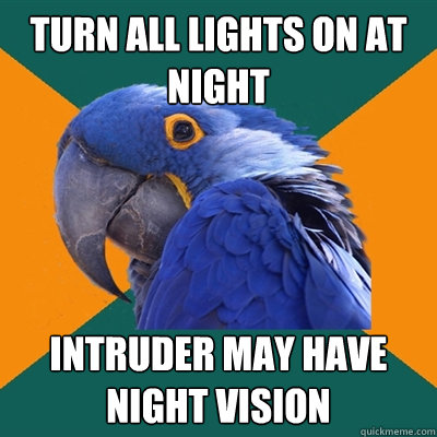 turn all lights on at night intruder may have night vision  Paranoid Parrot