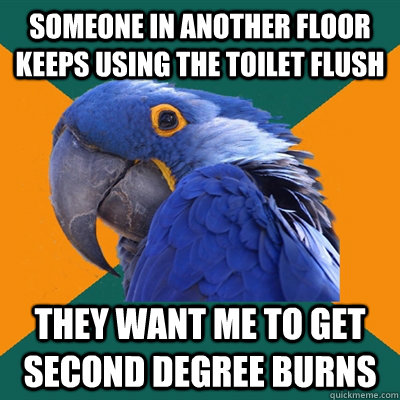 Someone in another floor keeps using the toilet flush They want me to get second degree burns  Paranoid Parrot
