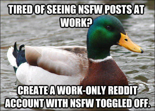 Tired of seeing NSFW posts at work? Create a work-only Reddit account with NSFW toggled off.  Actual Advice Mallard