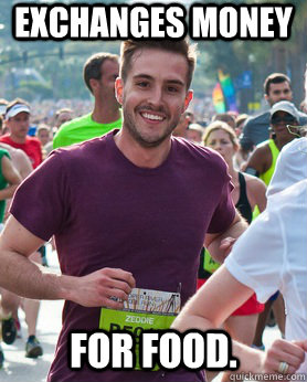 Exchanges money for food.  Ridiculously photogenic guy