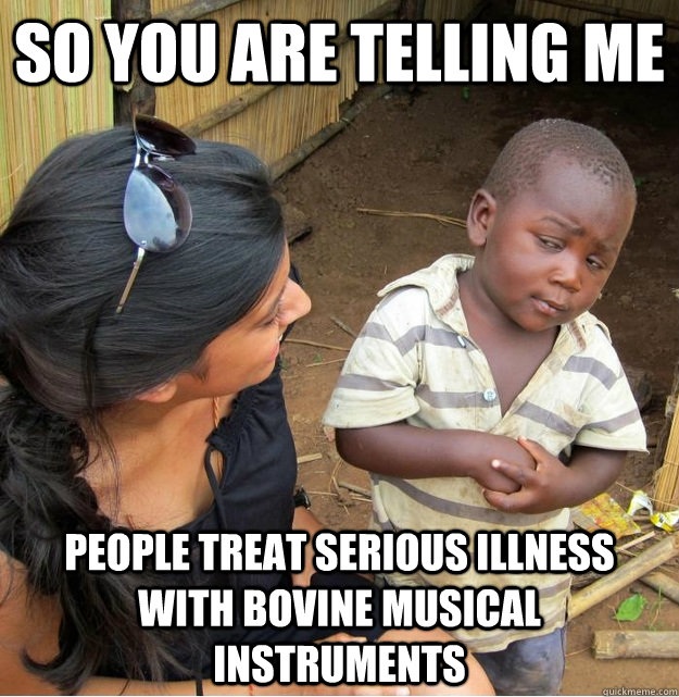 So you are telling me people treat serious illness with bovine musical instruments  Skeptical Third World Kid