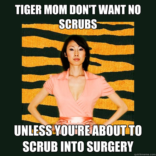 Tiger Mom don't want no scrubs Unless you're about to scrub into surgery  Tiger Mom