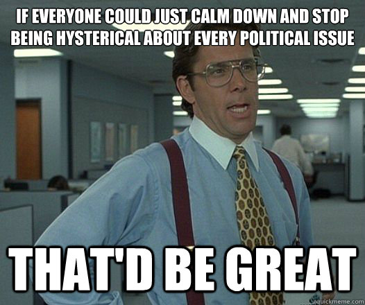 if everyone could just calm down and stop being hysterical about every political issue That'd be great - if everyone could just calm down and stop being hysterical about every political issue That'd be great  Misc