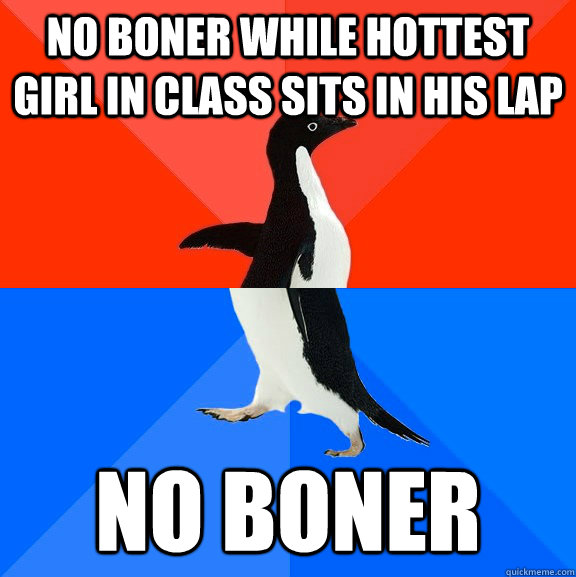 No boner while hottest girl in class sits in his lap no boner  Socially Awesome Awkward Penguin