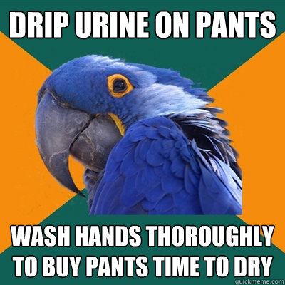 drip urine on pants wash hands thoroughly to buy pants time to dry  Paranoid Parrot