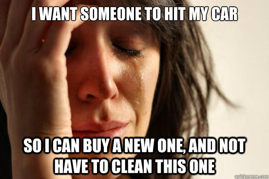 I want someone to hit my car So I can buy a new one, and not have to clean this one  First World Problems