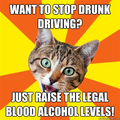 Want to stop drunk driving? Just raise the legal blood alcohol levels!  Bad Advice Cat