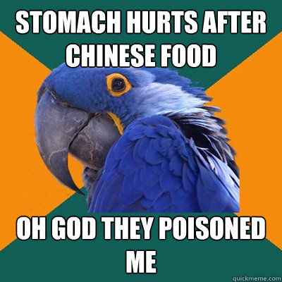 Stomach hurts after chinese food Oh god they poisoned me  Paranoid Parrot