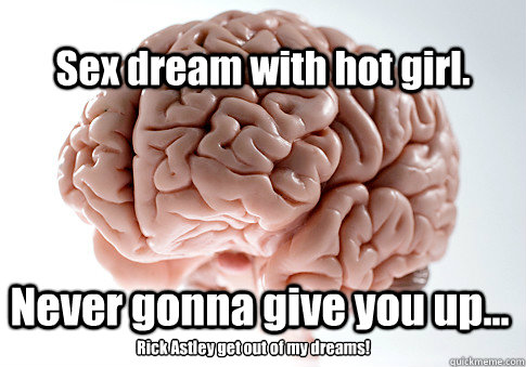 Sex dream with hot girl. Never gonna give you up... Rick Astley get out of my dreams!  Scumbag Brain