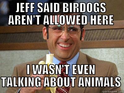 JEFF SAID BIRDOGS AREN'T ALLOWED HERE I WASN'T EVEN TALKING ABOUT ANIMALS Brick Tamland