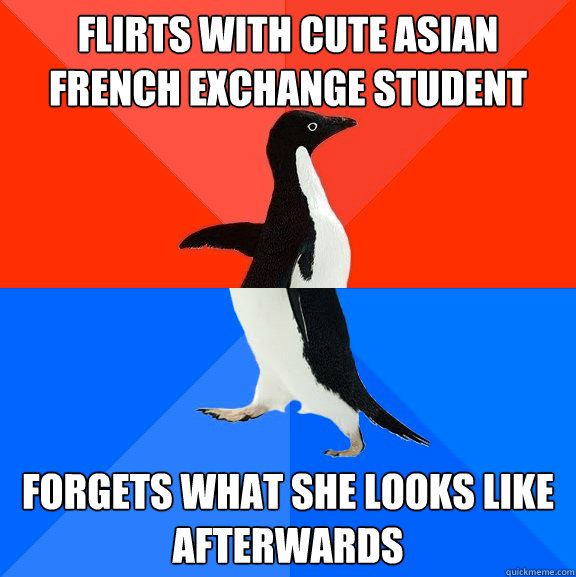 Flirts with cute asian french exchange student forgets what she looks like afterwards - Flirts with cute asian french exchange student forgets what she looks like afterwards  Socially Awesome Awkward Penguin