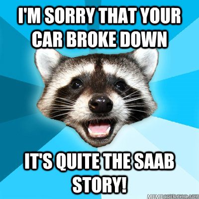 i'm sorry that your car broke down it's quite the saab story!  Lame Pun Raccoon