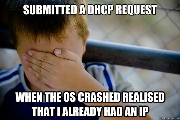 submitted a DHCP request when the OS crashed realised that I already had an IP  Confession kid