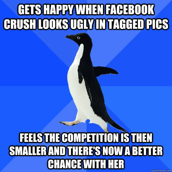 Gets happy when facebook crush looks ugly in tagged pics feels the competition is then smaller and there's now a better chance with her  Socially Awkward Penguin