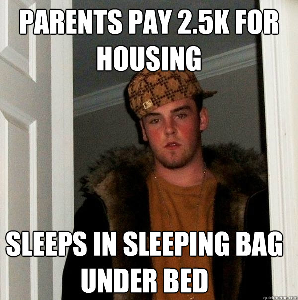 Parents pay 2.5K for housing Sleeps in sleeping bag under bed  Scumbag Steve