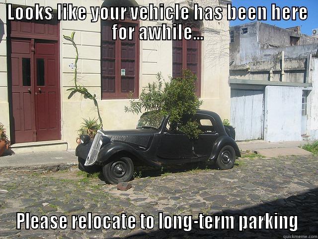 LOOKS LIKE YOUR VEHICLE HAS BEEN HERE FOR AWHILE... PLEASE RELOCATE TO LONG-TERM PARKING Misc