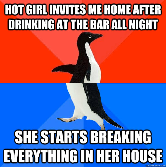 hot girl invites me home after drinking at the bar all night she starts breaking everything in her house  Socially Awesome Awkward Penguin