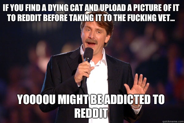 If you find a dying cat and upload a picture of it to reddit before taking it to the fucking vet... Yoooou might be addicted to reddit  Addicted Jeff Foxworthy