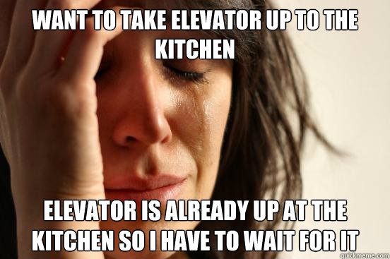 Want to take elevator up to the kitchen Elevator is already up at the kitchen so i have to wait for it
  First World Problems