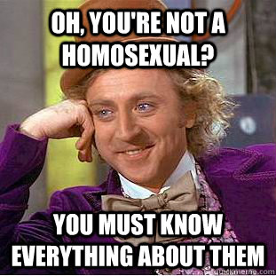 Oh, you're not a homosexual? You must know everything about them  Creepy Wonka