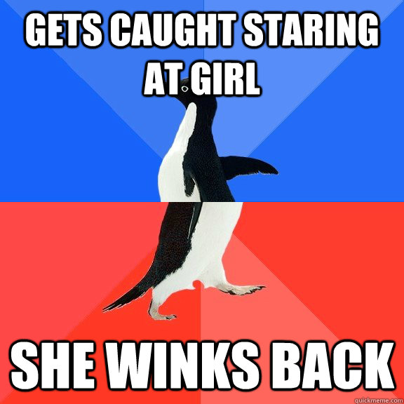Gets caught staring at girl She winks back  Socially Awkward Awesome Penguin