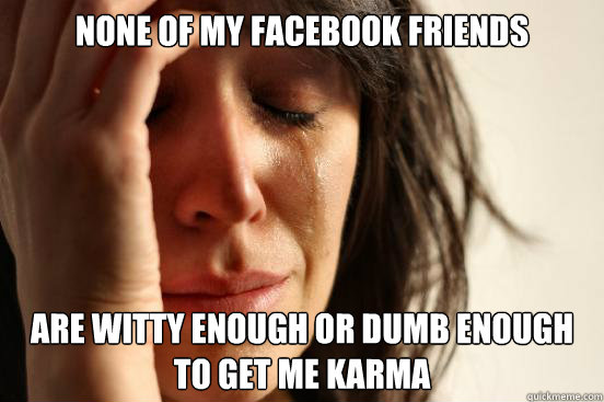 None of my Facebook Friends Are witty enough or dumb enough to get me karma  First World Problems
