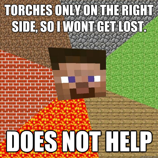 TORCHES ONLY ON THE RIGHT SIDE, SO I WONT GET LOST. DOES NOT HELP - TORCHES ONLY ON THE RIGHT SIDE, SO I WONT GET LOST. DOES NOT HELP  Minecraft