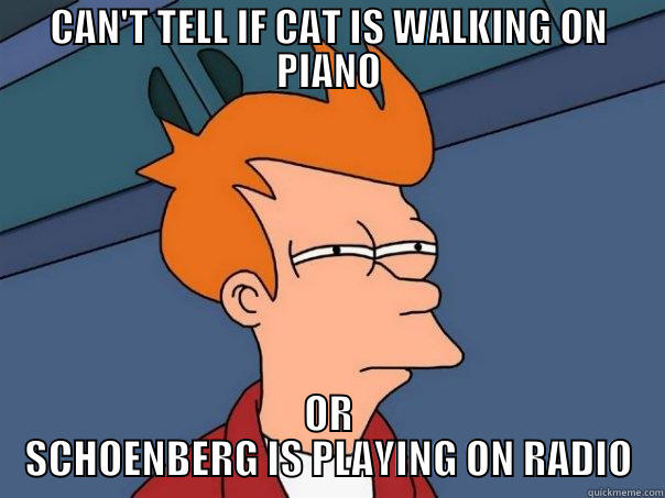 CAN'T TELL IF CAT IS WALKING ON PIANO OR SCHOENBERG IS PLAYING ON RADIO Futurama Fry