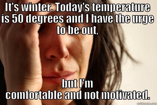 IT'S WINTER. TODAY'S TEMPERATURE IS 50 DEGREES AND I HAVE THE URGE TO BE OUT, BUT I'M COMFORTABLE AND NOT MOTIVATED. First World Problems