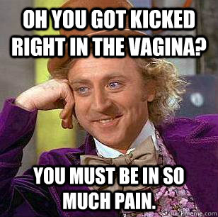 Oh you got kicked right in the vagina? you must be in so much pain.  Condescending Wonka