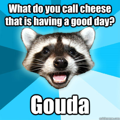 What do you call cheese that is having a good day? Gouda  Lame Pun Coon