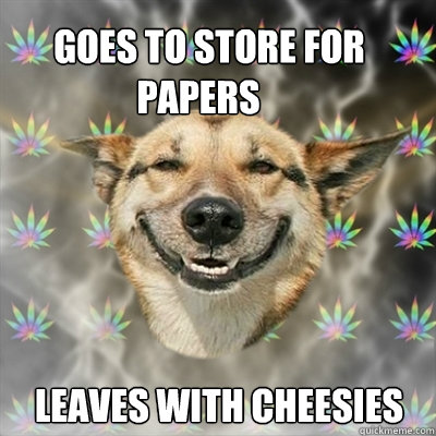    Goes to store for          papers leaves with cheesies  Stoner Dog