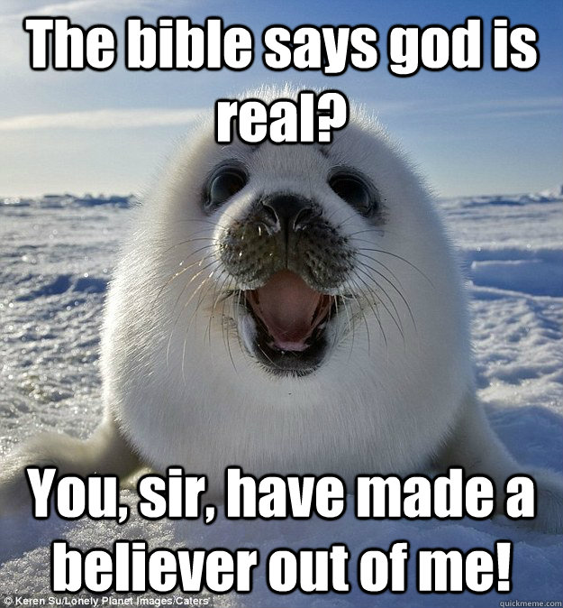 The bible says god is real? You, sir, have made a believer out of me!  Easily Pleased Seal