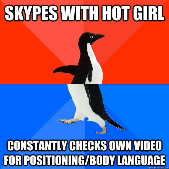 skypes with hot girl constantly checks own video for positioning/body language  Awesome Awkward Penguin