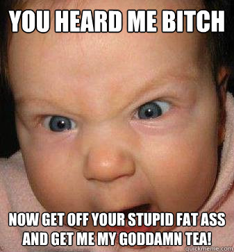 you heard me bitch now get off your stupid fat ass and get me my goddamn tea! - you heard me bitch now get off your stupid fat ass and get me my goddamn tea!  Angry baby