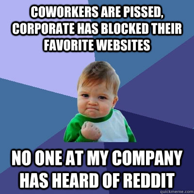COWORKERS ARE PISSED, CORPORATE HAS BLOCKED THEIR FAVORITE WEBSITES NO ONE AT MY COMPANY HAS HEARD OF REDDIT - COWORKERS ARE PISSED, CORPORATE HAS BLOCKED THEIR FAVORITE WEBSITES NO ONE AT MY COMPANY HAS HEARD OF REDDIT  Success Kid