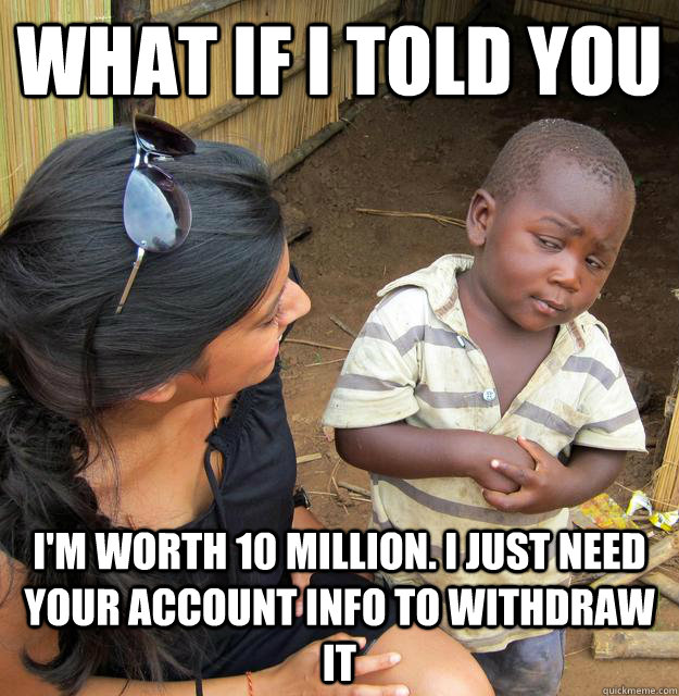 What if i told you I'm worth 10 million. I just need your account info to withdraw it  Skeptical Third World Kid