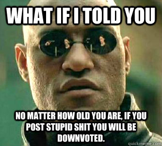 What if I told you No matter how old you are, if you post stupid shit you will be downvoted.  Morpeus matrix