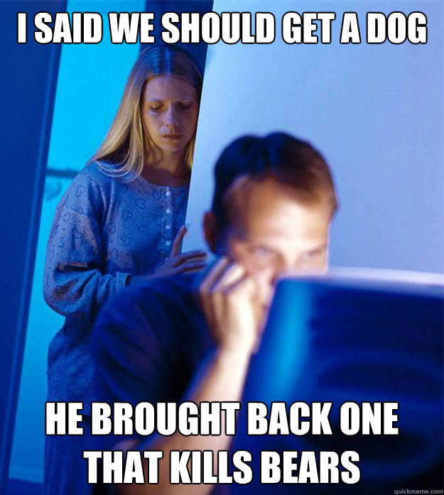 I said we should get a dog he brought back one that kills bears  Redditors Wife