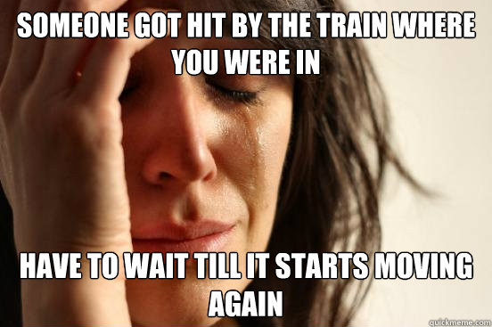 someone got hit by the train where you were in have to wait till it starts moving again  First World Problems