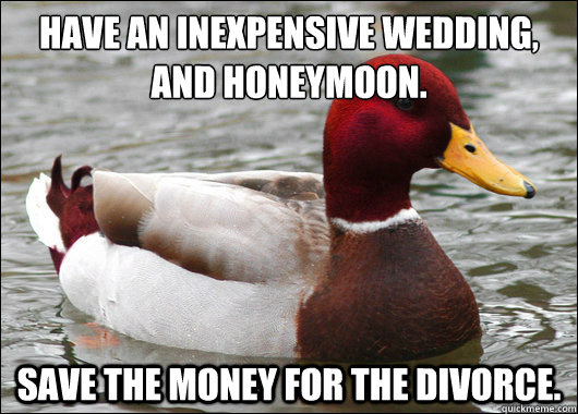 HAVE AN INEXPENSIVE WEDDING, AND HONEYMOON.
 SAVE THE MONEY FOR THE DIVORCE. - HAVE AN INEXPENSIVE WEDDING, AND HONEYMOON.
 SAVE THE MONEY FOR THE DIVORCE.  Malicious Advice Mallard